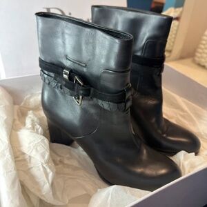 Black Leather Ankle Booties with Braided Strap and Silver Buckle